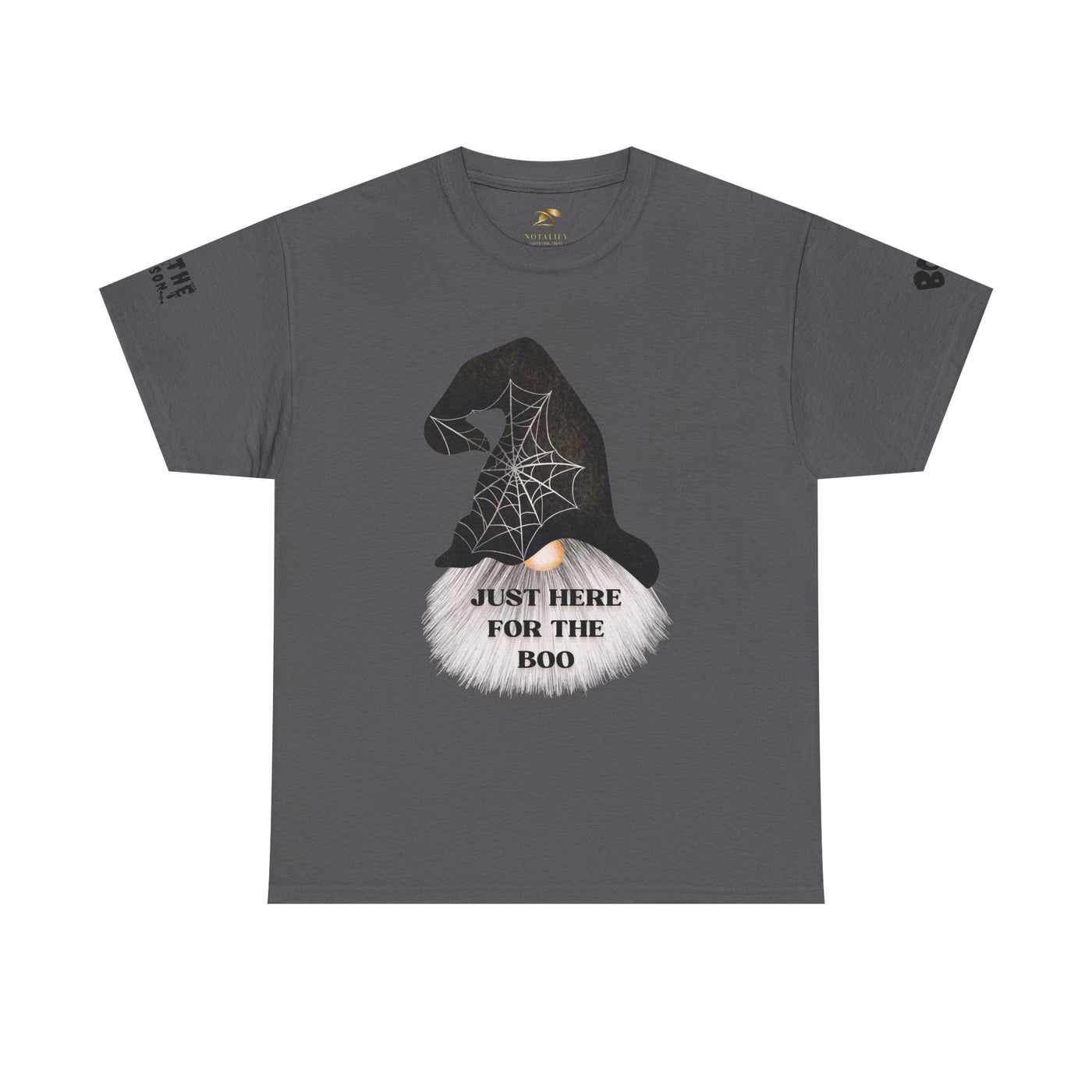 NOTALIFY Halloween Just Here for the Boo Graphic Tee, Spooky T-Shirt, Fun Fall Apparel, Unisex Halloween Tee, Gnome & Bats