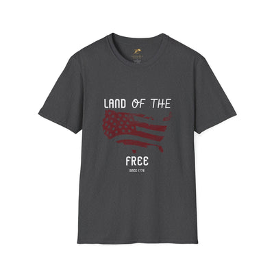 Unisex softstyle Patriotic Party T-Shirt with "Land of the Free" design, ideal for 4th of July celebrations.