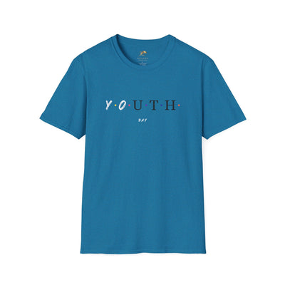 Blue unisex Youth Day Celebration t-shirt with colored dot graphic and classic crew neck design