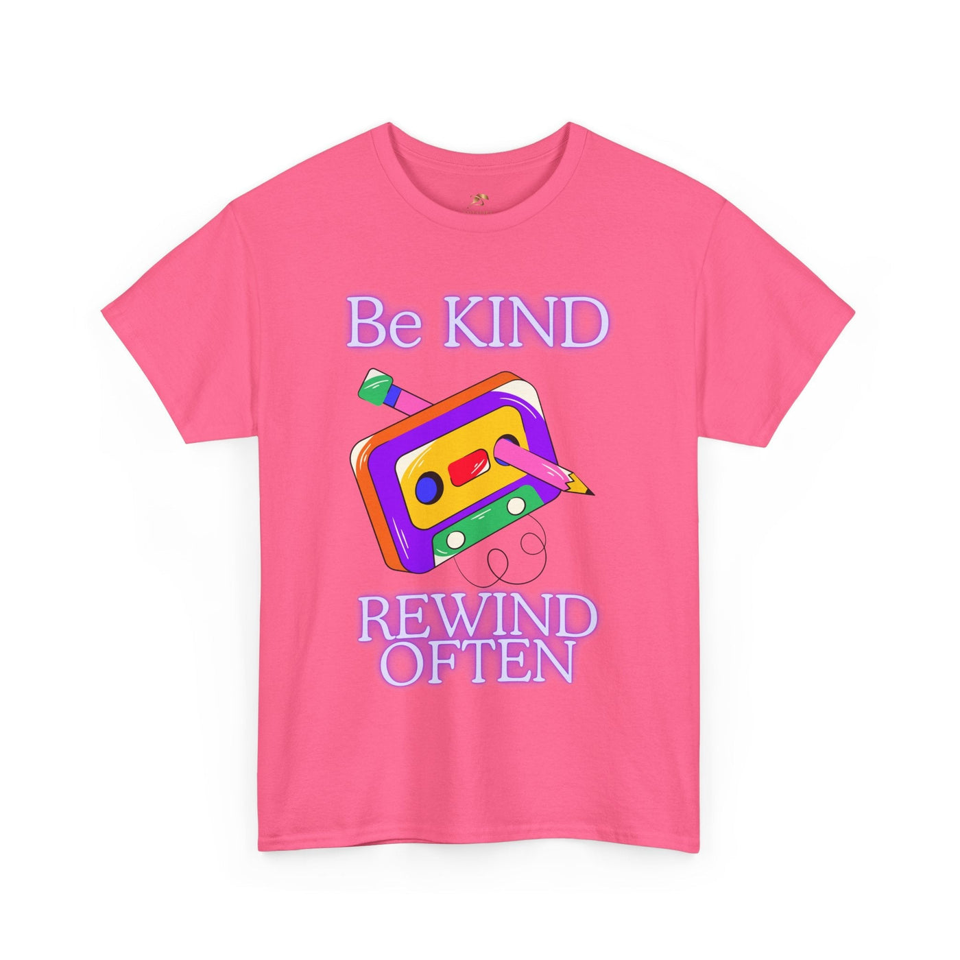 Retro vibe t-shirt with "Be Kind, Rewind Often" design and cassette graphic, perfect for 90s nostalgia.