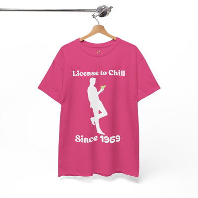 Pink "License to Chill Since 1969" t-shirt featuring a silhouette holding a margarita; perfect custom birthday gift.