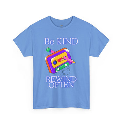 Retro unisex T-shirt with "Be Kind, Rewind Often" design, featuring colorful cassette graphic. Perfect for 90s nostalgia and spreading positive vibes.