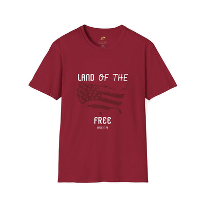 Unisex softstyle tee with "Land of the Free" Independence Day design, featuring American flag graphics, ideal for July 4th celebrations.