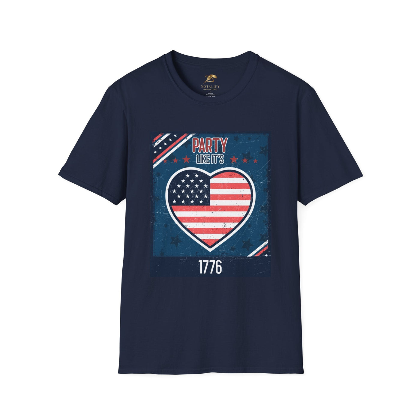 Patriotic Party T-Shirt with American flag heart design celebrating 1776, perfect for Independence Day festivities.