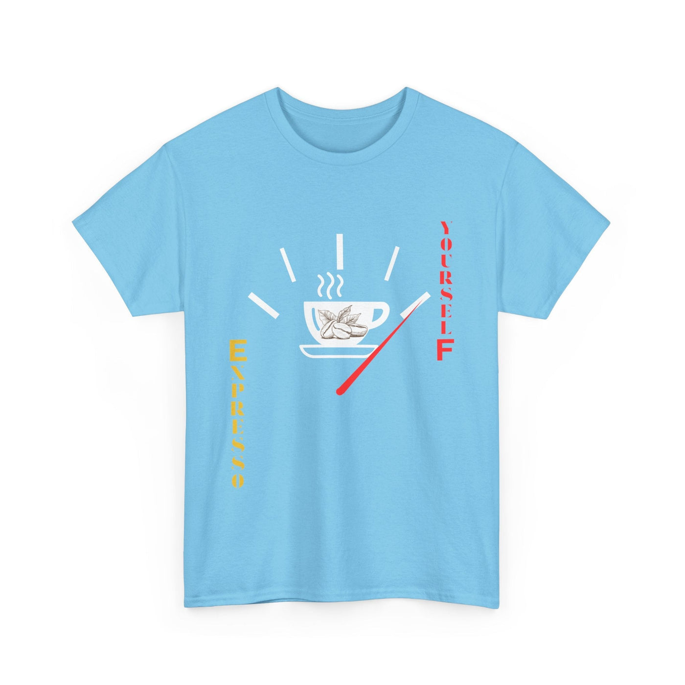 Unisex "Expresso Yourself Coffee T-Shirt" with a witty espresso design, featuring coffee cup, steam, beans, and red fuel gauge needle. Ideal for coffee lovers and baristas.