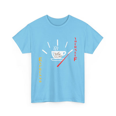Unisex "Expresso Yourself Coffee T-Shirt" with a witty espresso design, featuring coffee cup, steam, beans, and red fuel gauge needle. Ideal for coffee lovers and baristas.