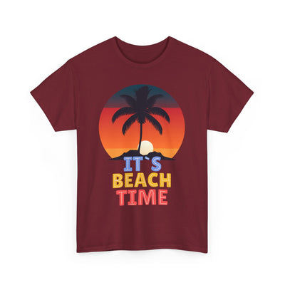 Unisex "It's Beach Time" T-Shirt with palm tree graphic, perfect for Summer 2025 beach vacations.