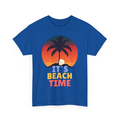 Unisex Beach Time Summer 2025 T-shirt with palm tree and sunset graphic.