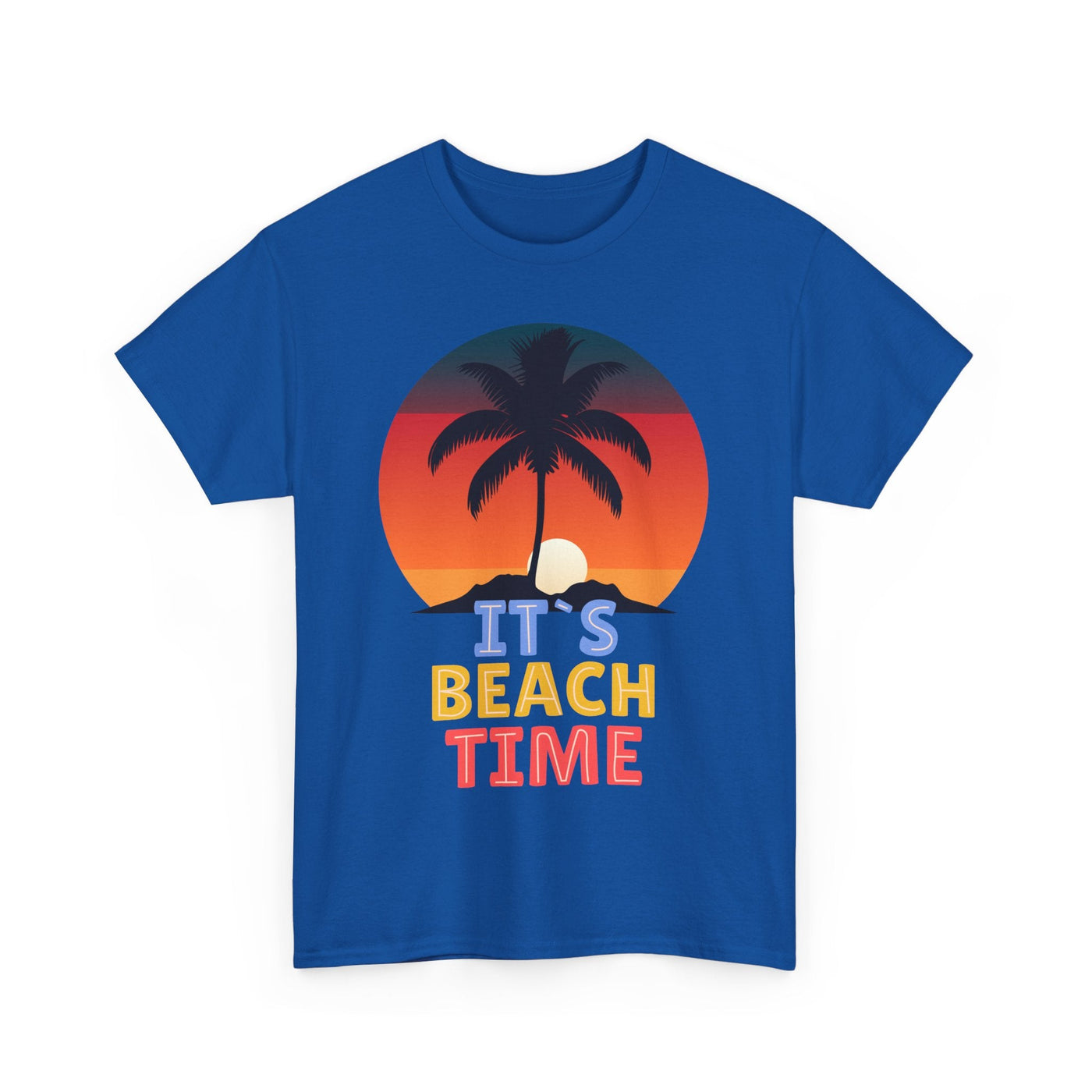 Unisex "It's Beach Time" Summer 2025 T-Shirt with palm tree and sunset graphic.