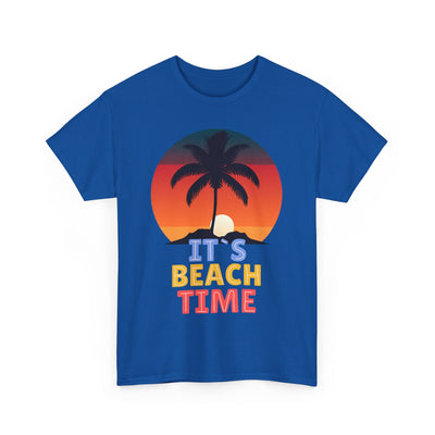 Unisex "It's Beach Time" Summer 2025 T-Shirt with palm tree and sunset graphic.