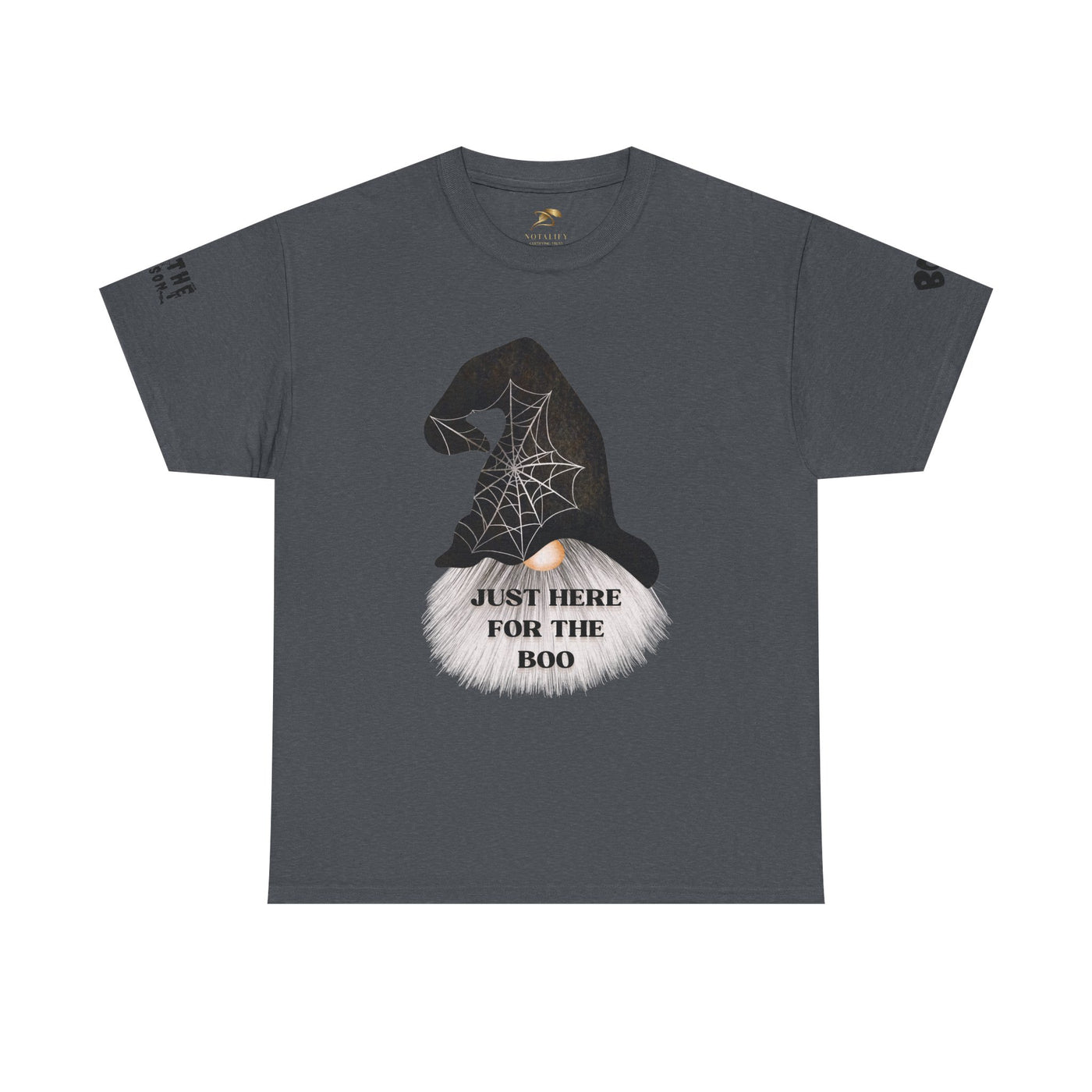 NOTALIFY Halloween Just Here for the Boo Graphic Tee, Spooky T-Shirt, Fun Fall Apparel, Unisex Halloween Tee, Gnome & Bats