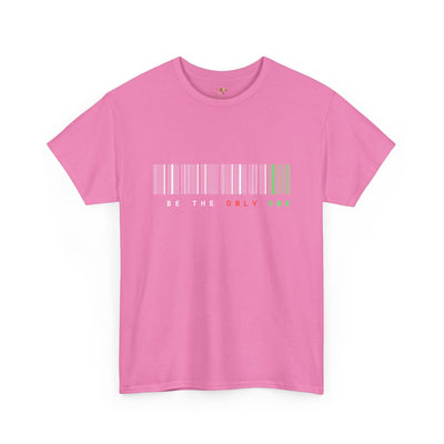 Unique "Be The Only One" barcode t-shirt in blue with a minimalist design