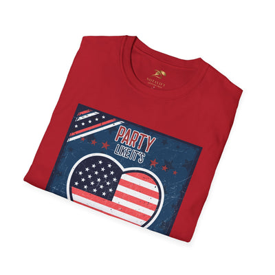 Patriotic red t-shirt with heart-shaped American flag design, perfect for 4th of July celebrations.