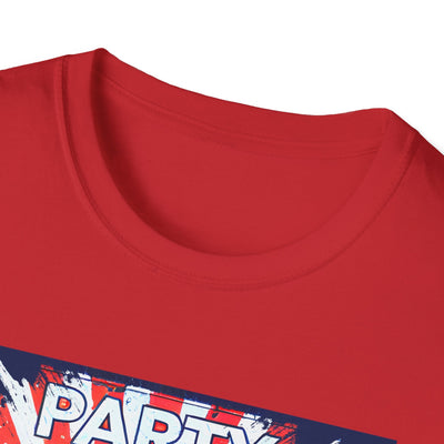 Patriotic party t-shirt in red with Independence Day theme, unisex softstyle tee for celebrations and casual use.