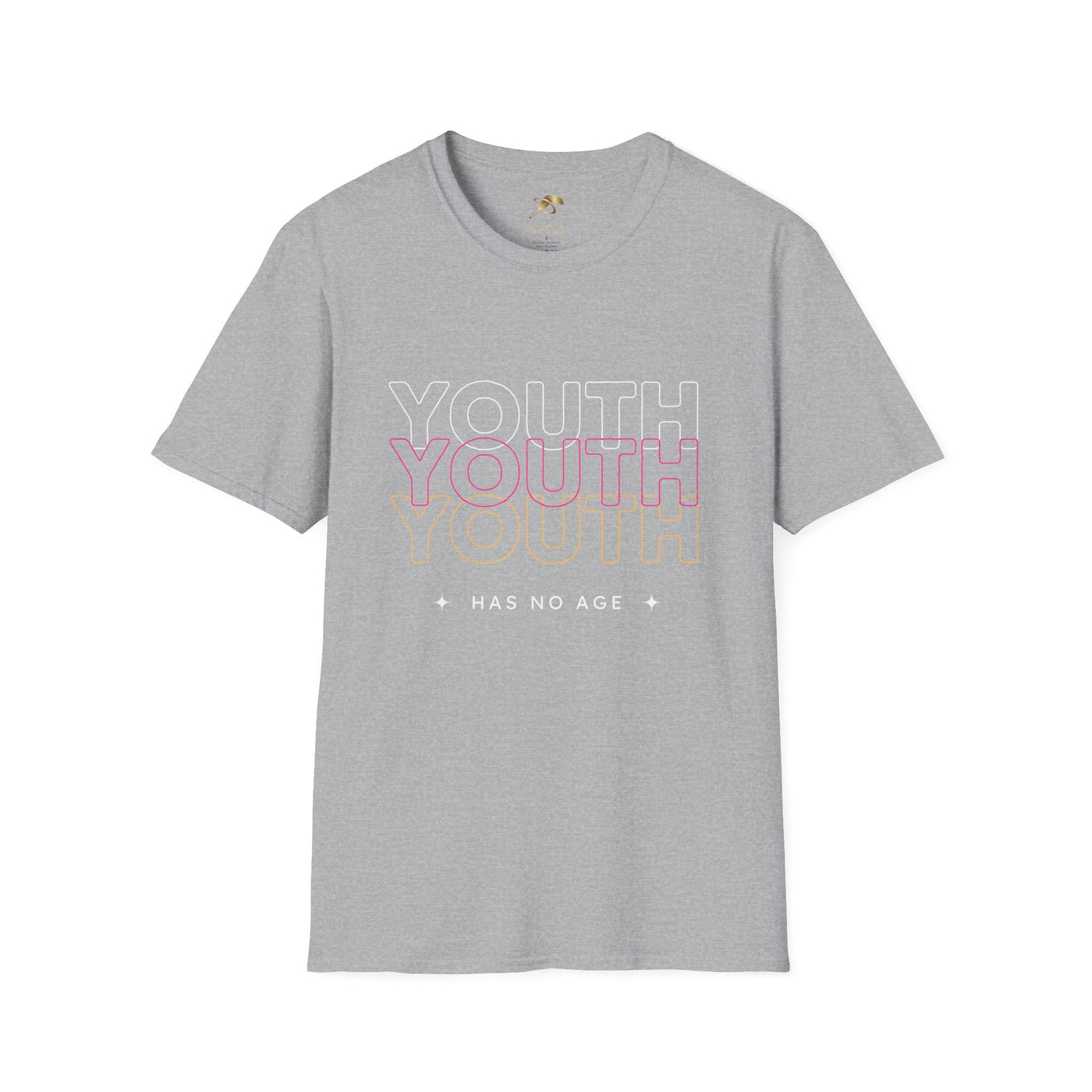 Youth Day Unisex Softstyle T-Shirt with "Youth Has No Age" text, gray crew neck, classic fit, 100% cotton, casual International Youth Day tee