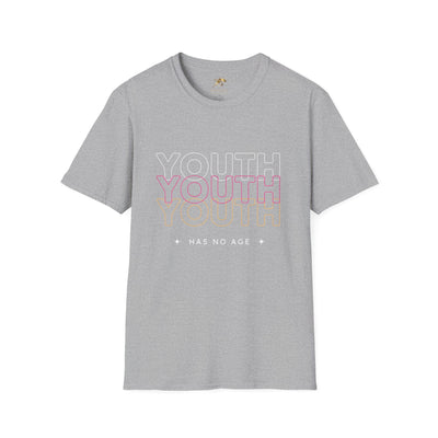 Youth Day Unisex Softstyle T-Shirt with "Youth Has No Age" text, gray crew neck, classic fit, 100% cotton, casual International Youth Day tee