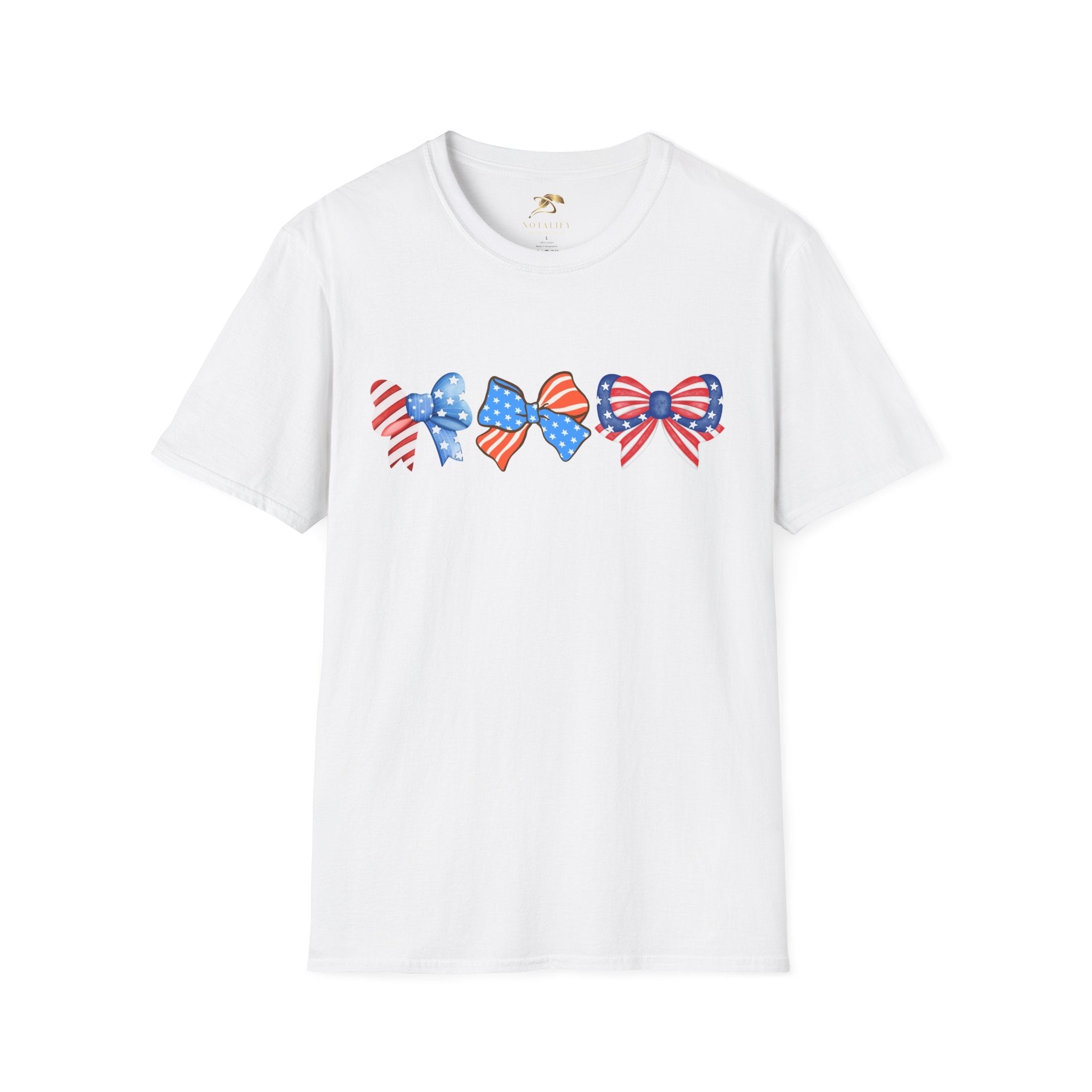 Coquette Patriotic T-Shirt featuring American flag design bows, perfect for Independence Day celebrations.