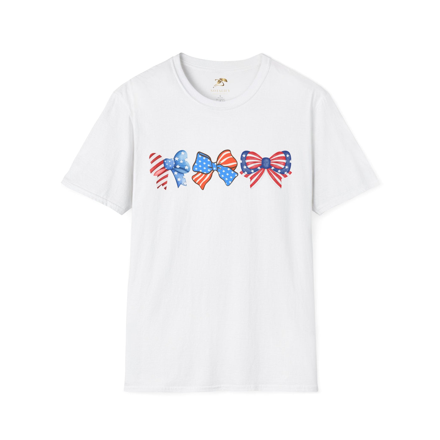 Coquette Patriotic T-Shirt featuring American flag design bows, perfect for Independence Day celebrations.