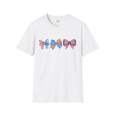 Coquette Patriotic T-Shirt featuring American flag design bows, perfect for Independence Day celebrations.