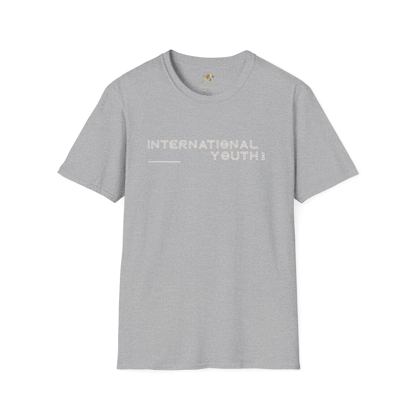 Unisex gray softstyle t-shirt with "International Youth" text celebrating International Youth Day