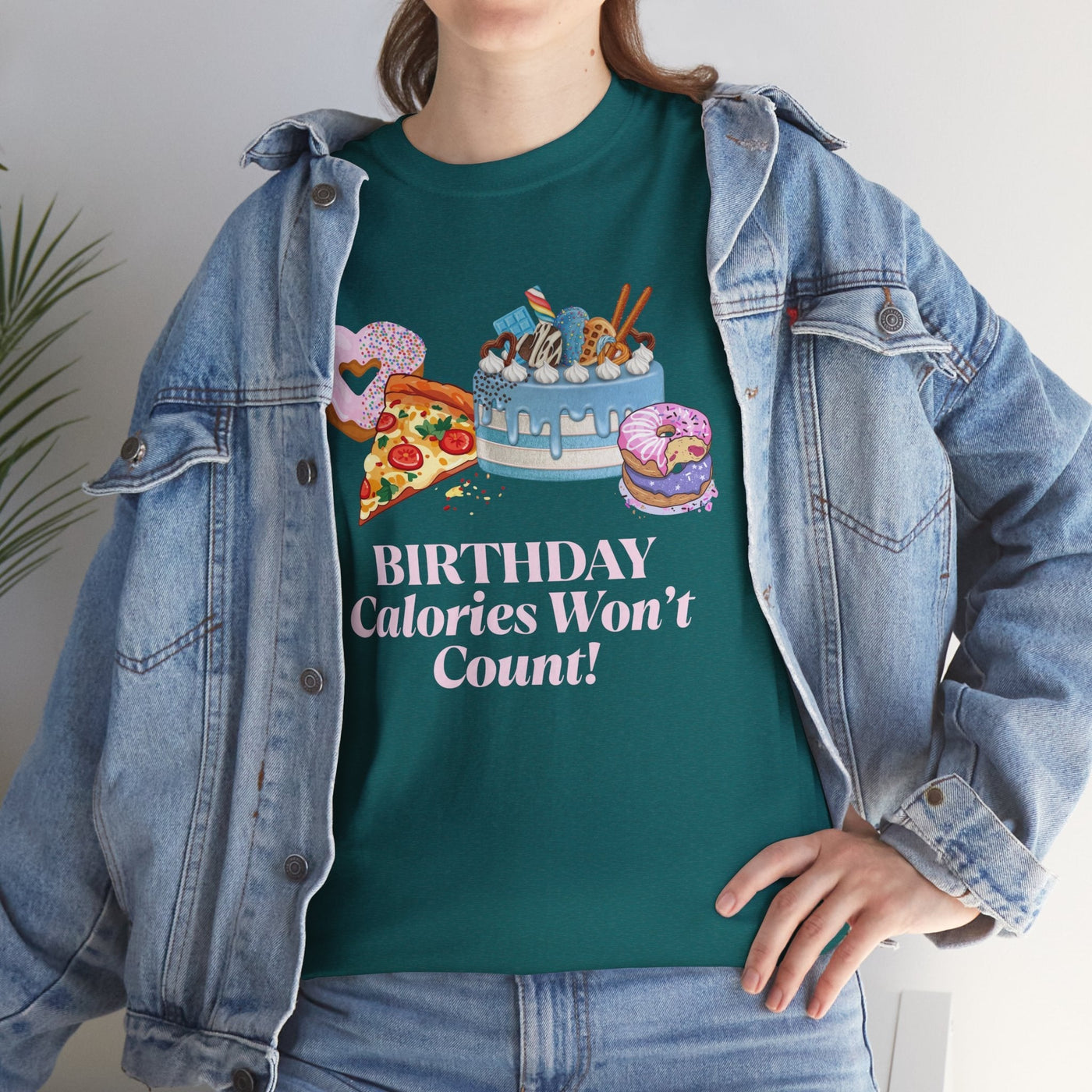 Funny "Birthday Calories Don't Count" t-shirt with cake, pizza, and donuts design.