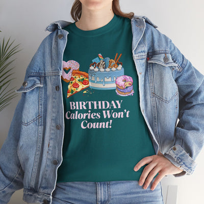 Funny "Birthday Calories Don't Count" t-shirt with cake, pizza, and donuts design.