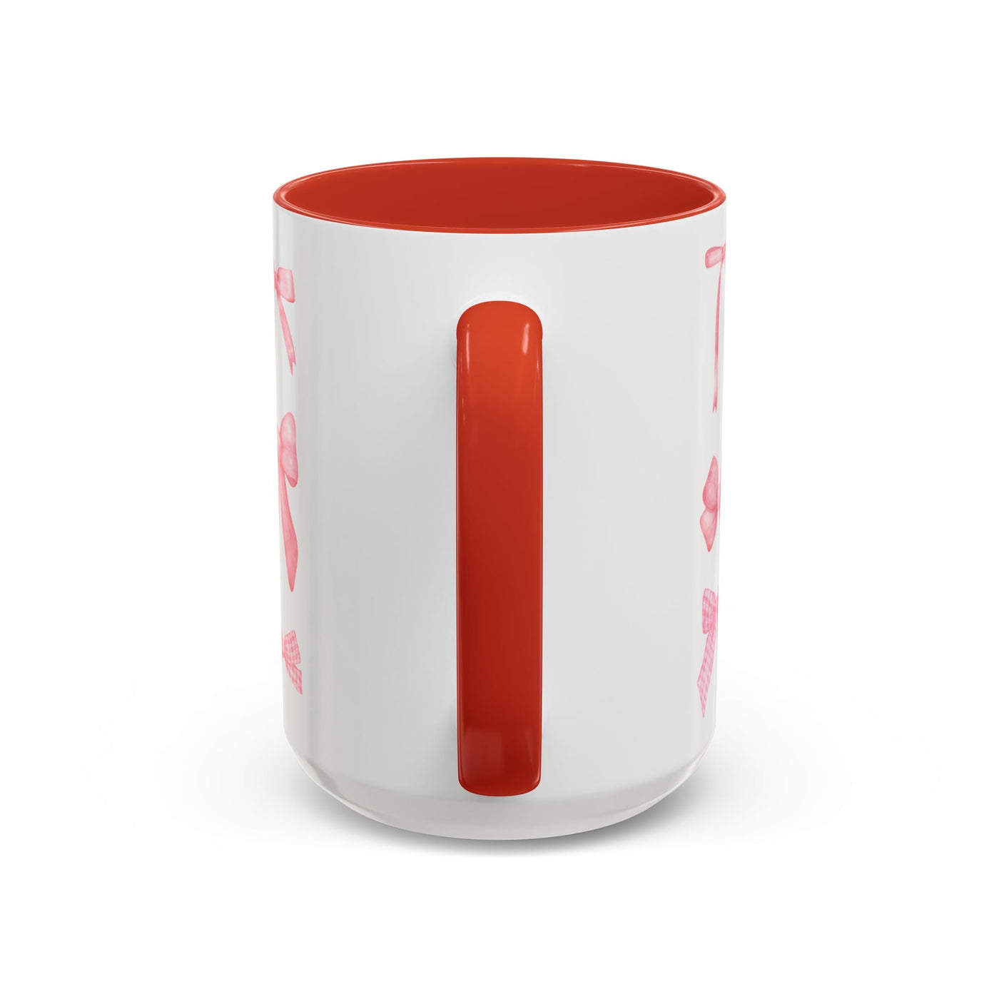 Personalized Mother's Day mug with coquette bow design, red handle, dishwasher and microwave safe.