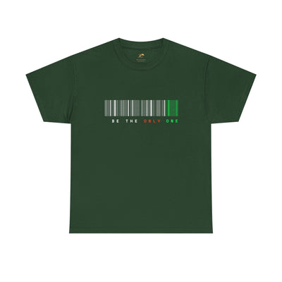 Unique "Be The Only One" barcode t-shirt in blue with a minimalist design