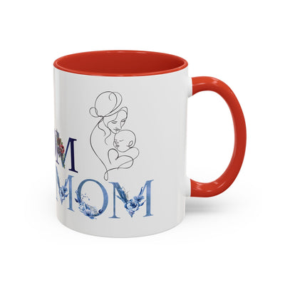Mother's Day mug with flower accents and custom names, ceramic gift for mom, white with red interior and handle.