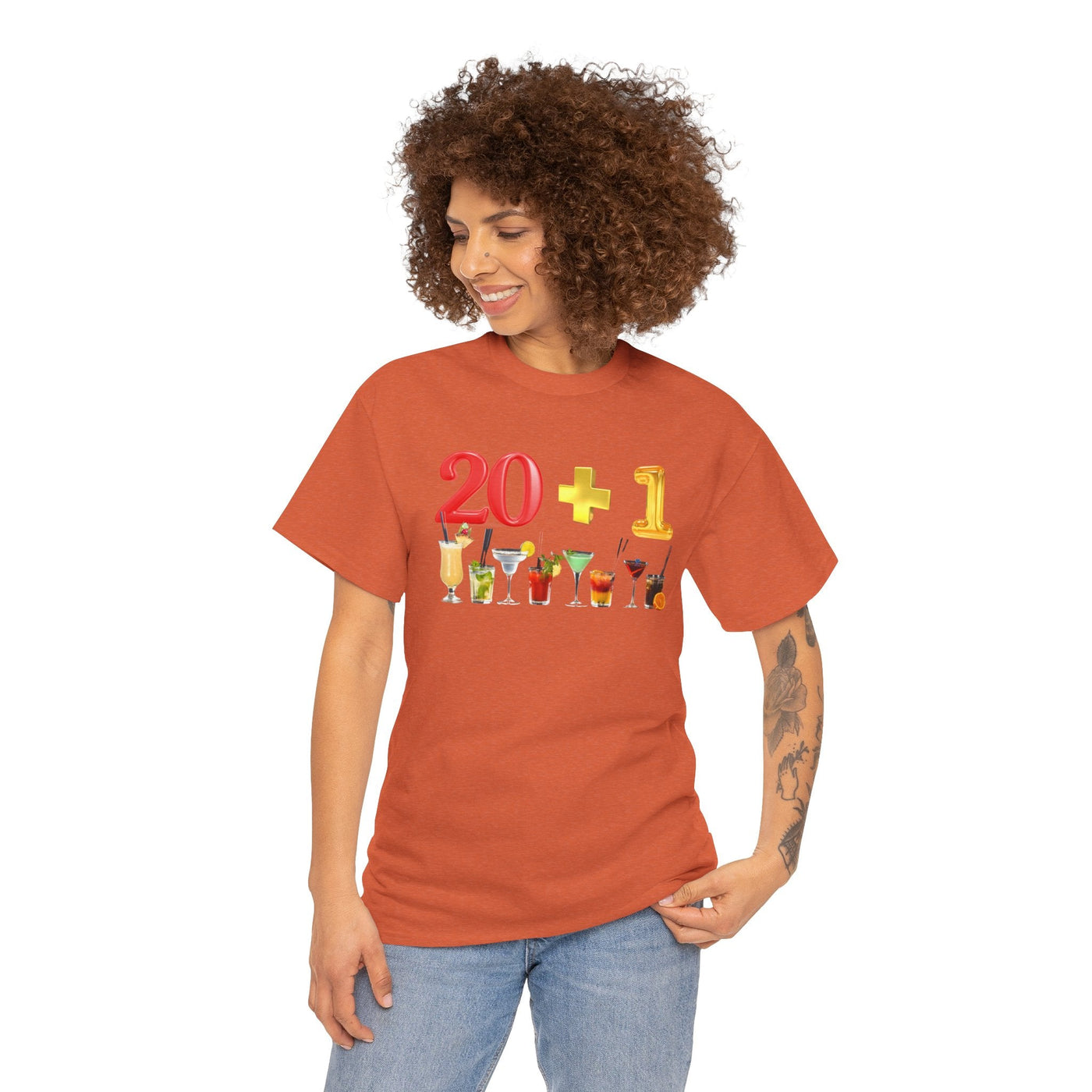 21st Birthday T-Shirt with "20 + 1" design and cocktails in orange, perfect for celebrating turning 21.