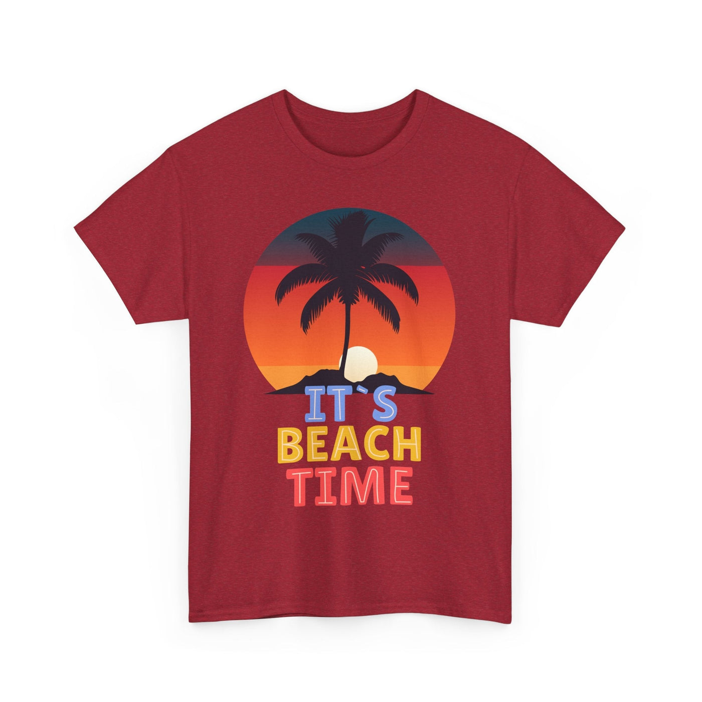 Unisex Beach Time Summer 2025 t-shirt with vibrant sunset and palm tree graphic.