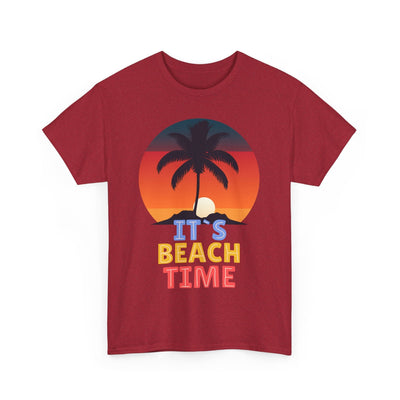 Unisex Beach Time Summer 2025 t-shirt with vibrant sunset and palm tree graphic.