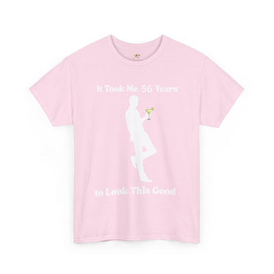 Funny "It Took Me Years to Look This Good" birthday t-shirt with margarita silhouette in pink.