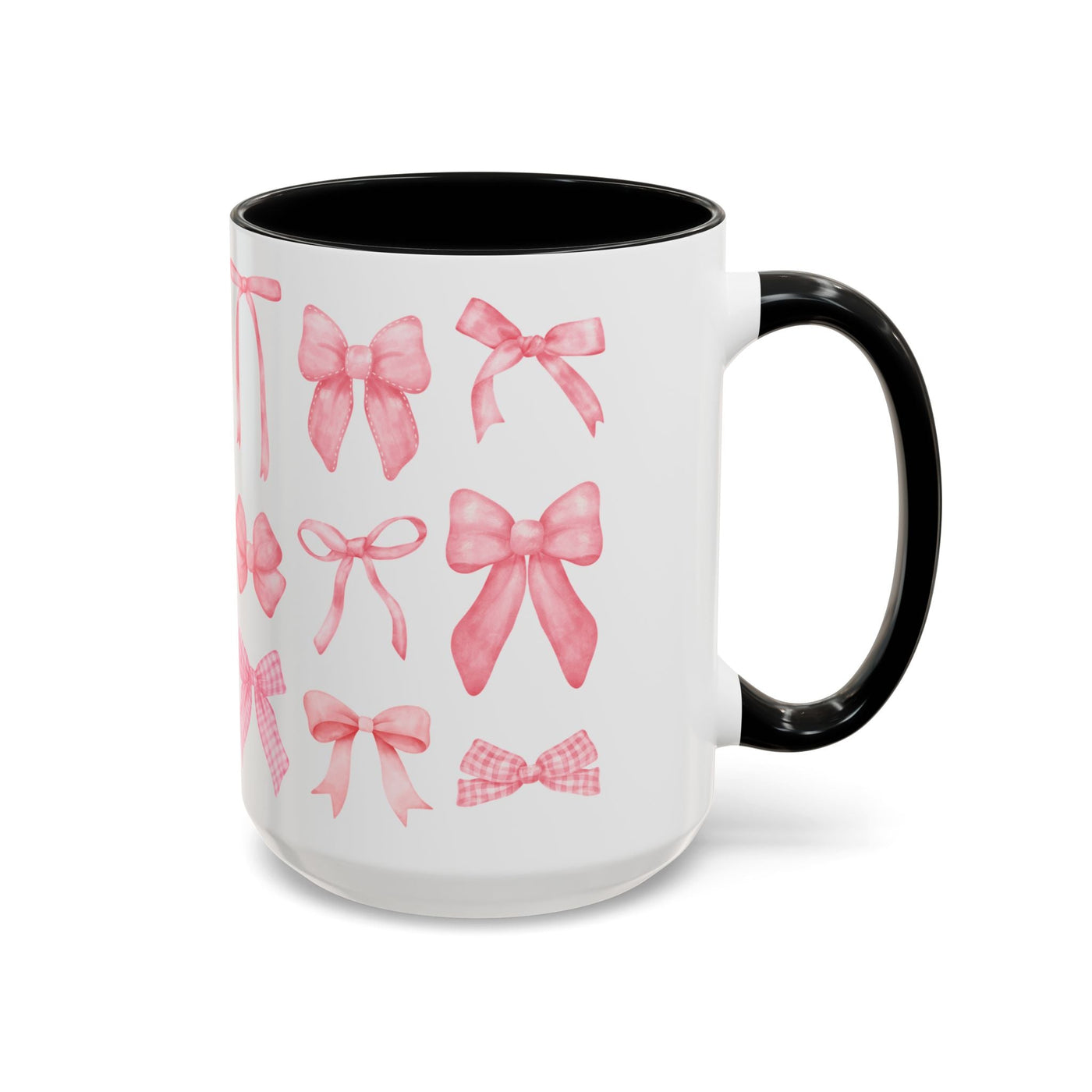 Personalized Mother's Day mug with pink coquette bow design, black handle and interior.