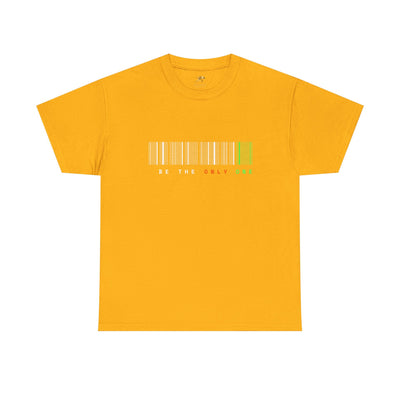 Unique "Be The Only One" barcode t-shirt in blue with a minimalist design