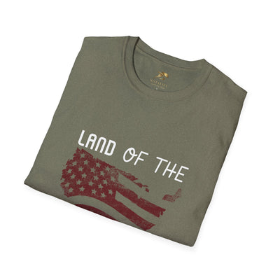 Unisex patriotic party t-shirt with 'Land of the' text and USA flag design, ideal for July 4th celebrations.