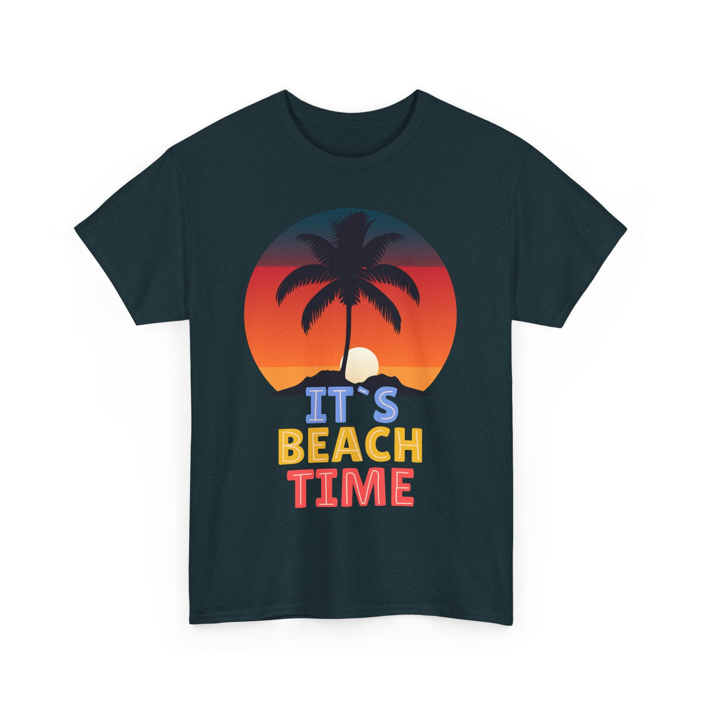 Beach Time Summer 2025 T-Shirt with palm tree and sunset graphic.