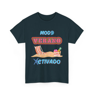Unisex "Modo Verano Activado" T-shirt with beach chairs, tropical fruits, and starfish design in retro fonts for Latin summer vibes.