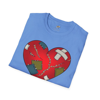 Unisex blue t-shirt with a broken heart graphic, perfect for Valentine's Day couples.