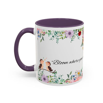 Mug, Inspirational Ceramic Cup w/ Flower Design, Bloom where you are planted, Gift for her/him, Quote Tea Mug, Home Office Decor, - NOTALIFY