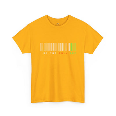 Unique "Be The Only One" barcode t-shirt in blue with a minimalist design