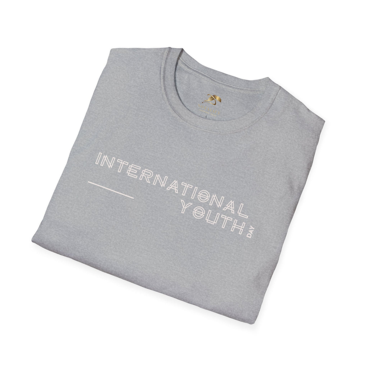 Folded grey unisex t-shirt with "International Youth Day" text for youth celebration