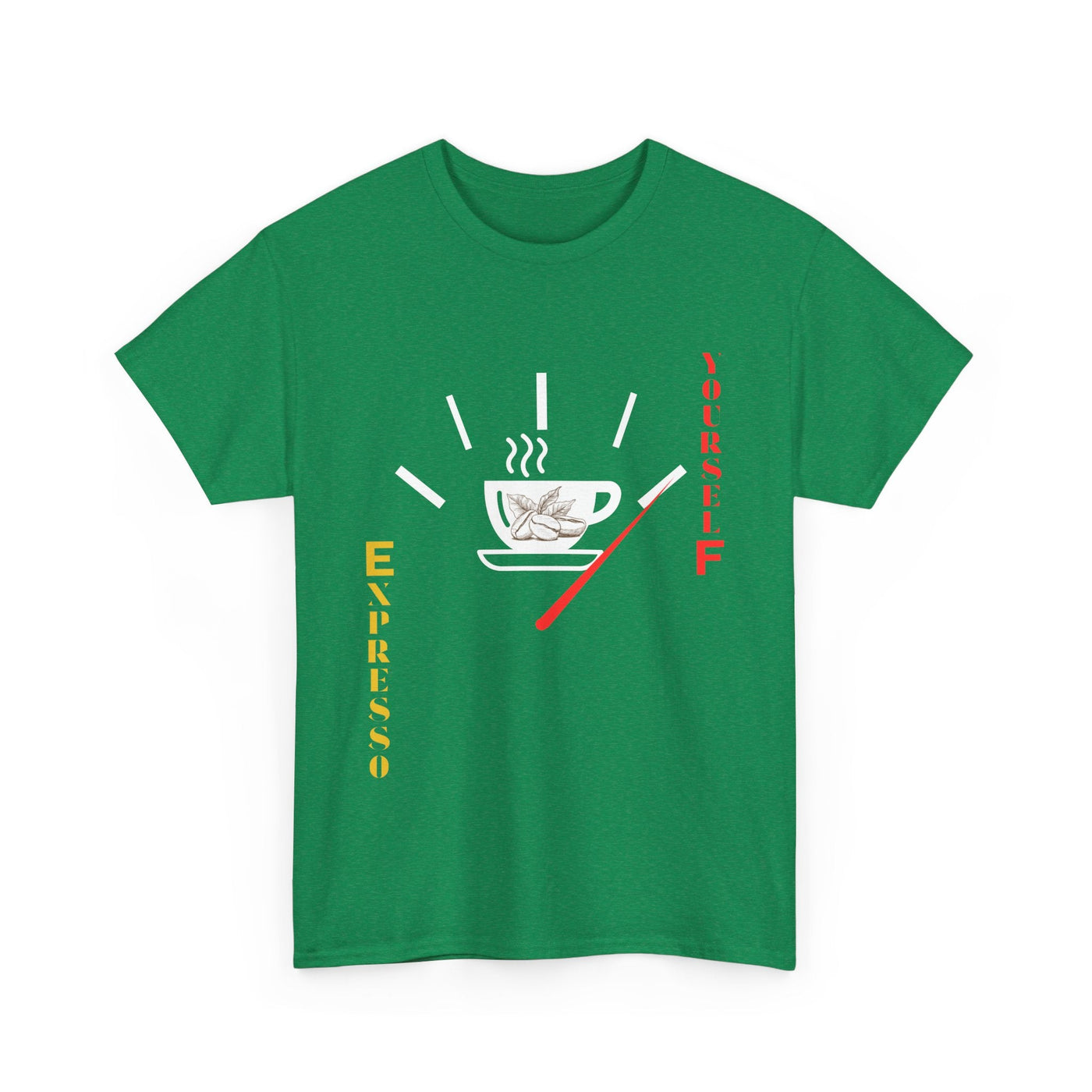 Expresso Yourself coffee T-shirt with espresso cup and fuel gauge design.