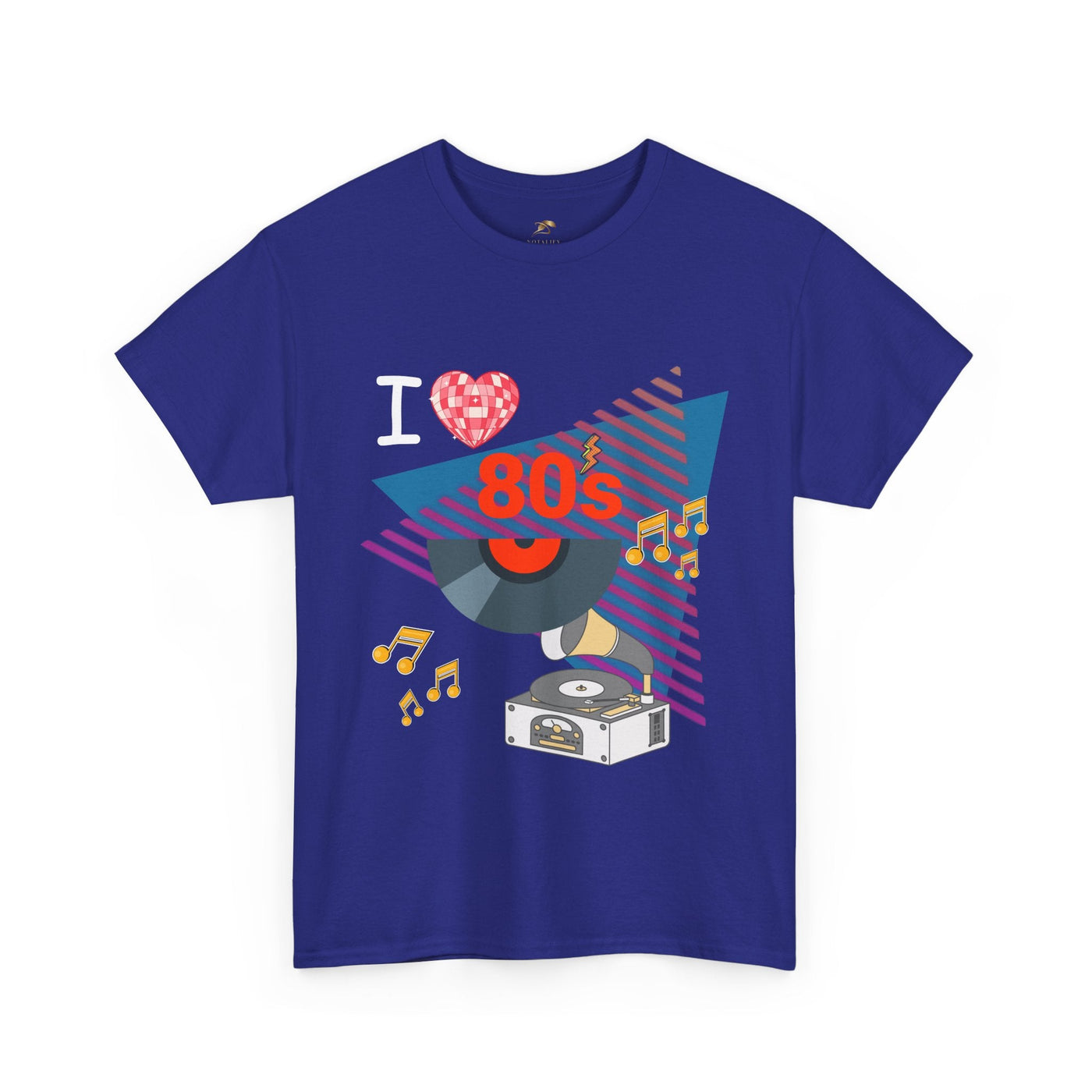 Blue 80's Music Lover T-shirt with retro turntable graphic and musical notes, unisex vintage cotton tee