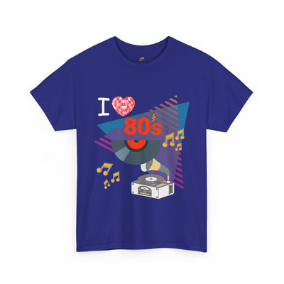 Blue 80's Music Lover T-shirt with retro turntable graphic and musical notes, unisex vintage cotton tee
