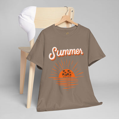Unisex Summer 2025 Sunset T-Shirt with palm tree and sun reflection design.