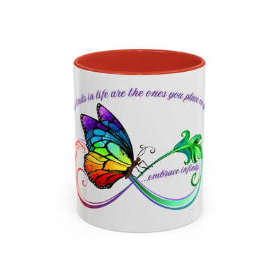Inspirational butterfly coffee mug with vibrant colors, infinity design, and motivational quote, perfect for gifting and self-care.