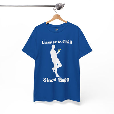 "License to Chill Since [Year] T-Shirt - Customizable Relaxed Vibes Tee with Silhouette and Margarita, Perfect Birthday Gift for Him/Her"