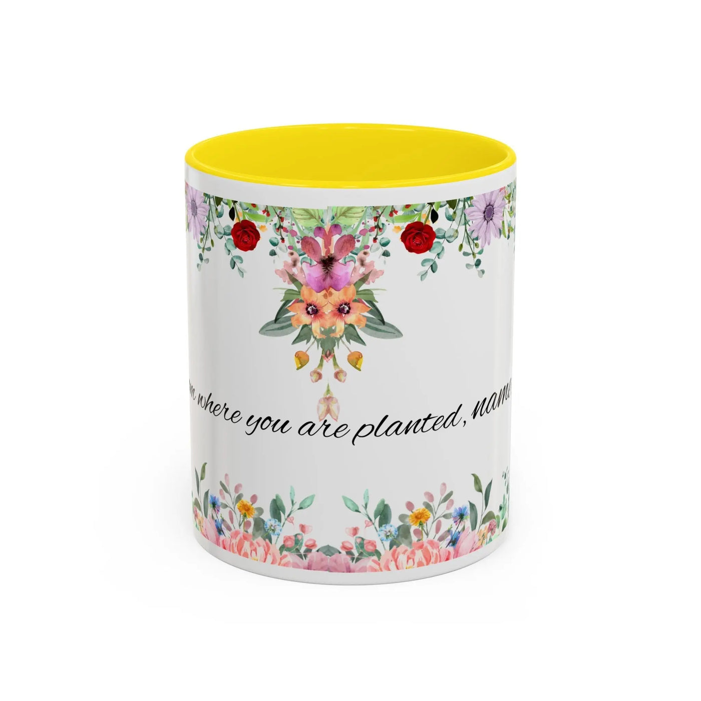 Mug, Inspirational Ceramic Cup w/ Flower Design, Bloom where you are p