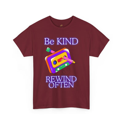 Retro "Be Kind, Rewind Often" unisex graphic tee with nostalgic 90s design.